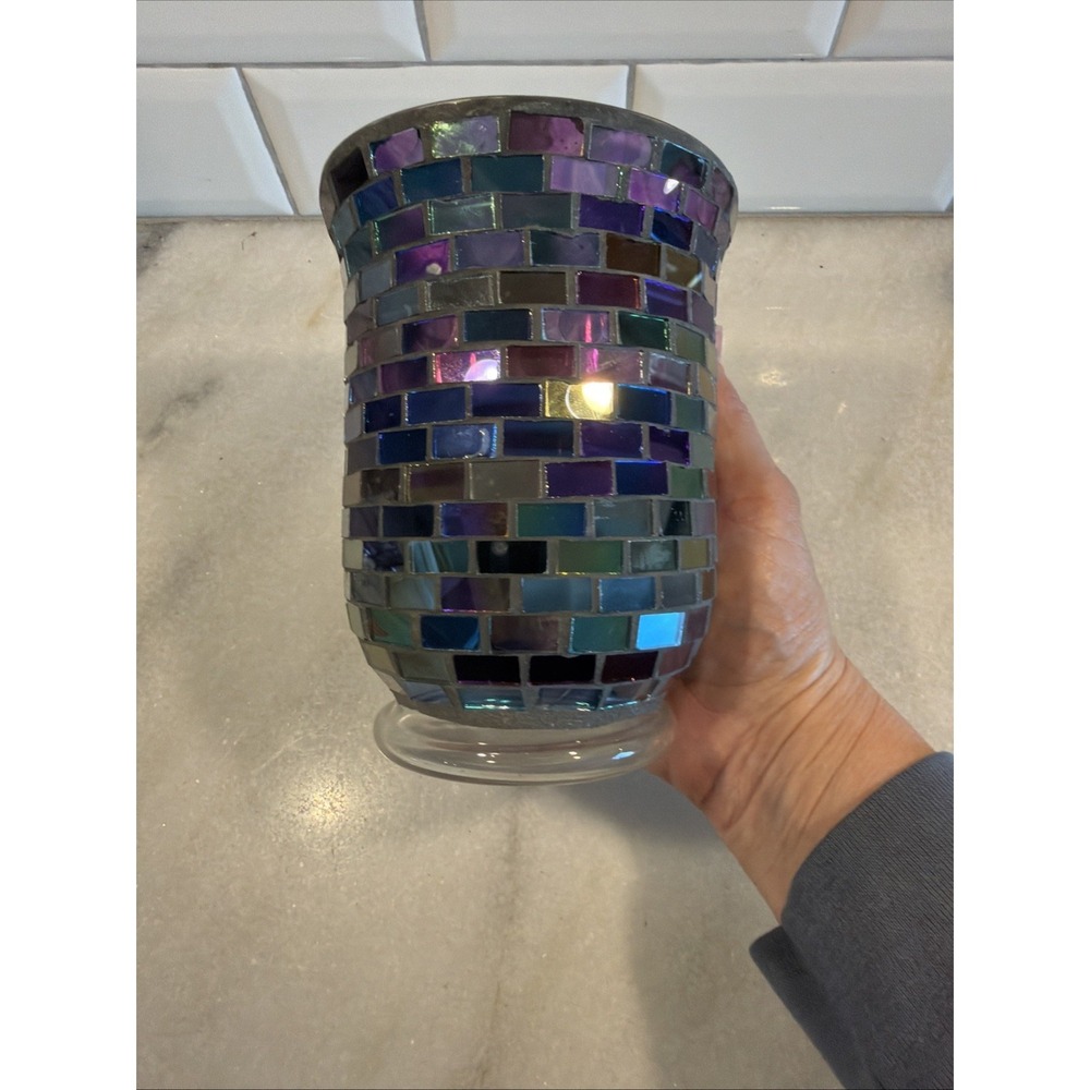 Stunning Vtg Iridescent Purple GLASS MOSAIC HURRICANE LAMP/candle Holder GW993 - Picture 7 of 10